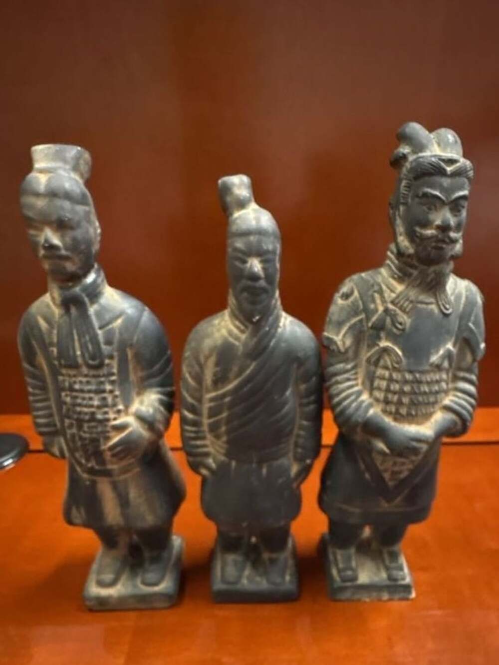 Vintage Chinese Terracotta Warrior Statues Figurines Set of 3 Black Matte Finish